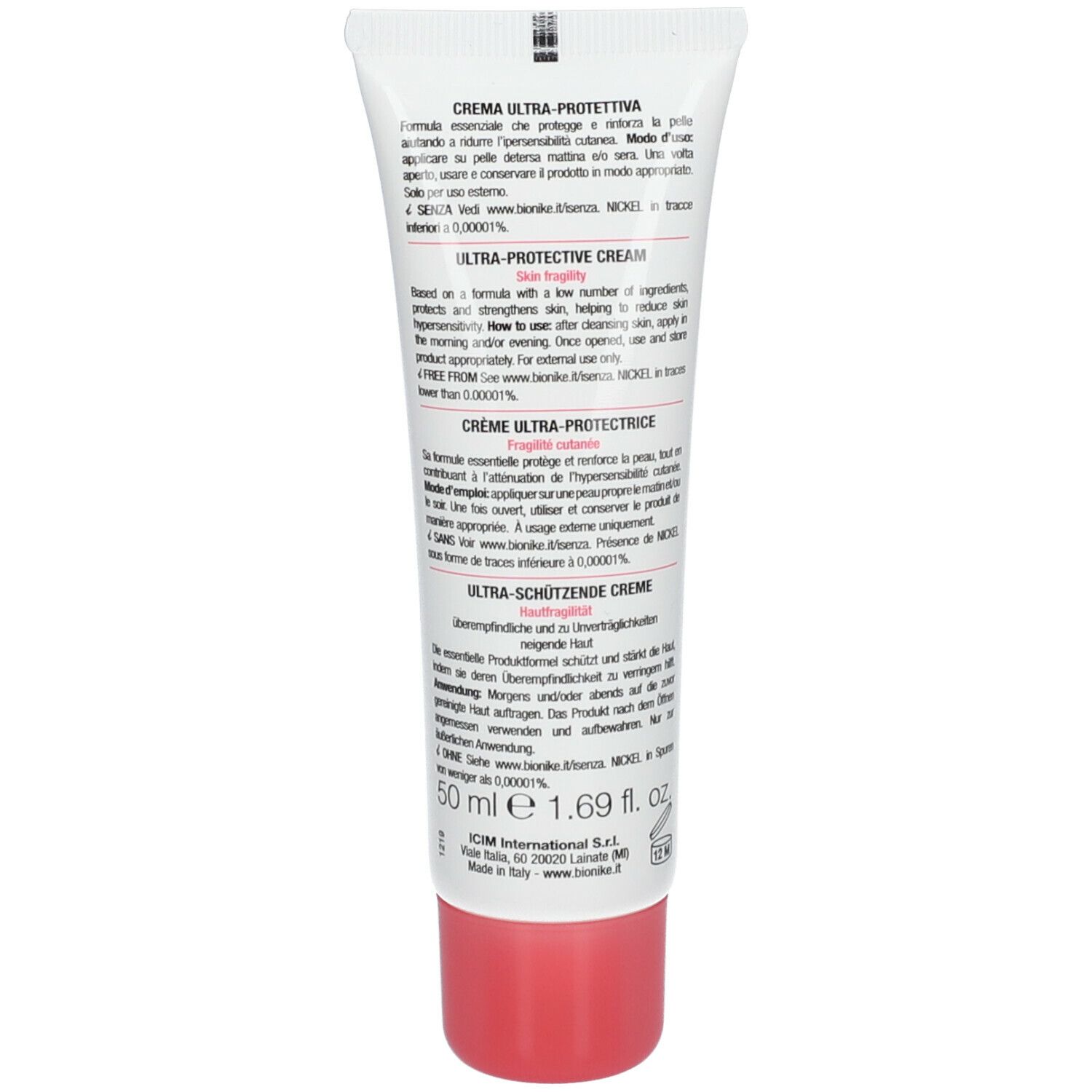 Dos du tube. Texte en français, dont Crème Ultra-Protectrice, 50 ml. Marque: BioNike.