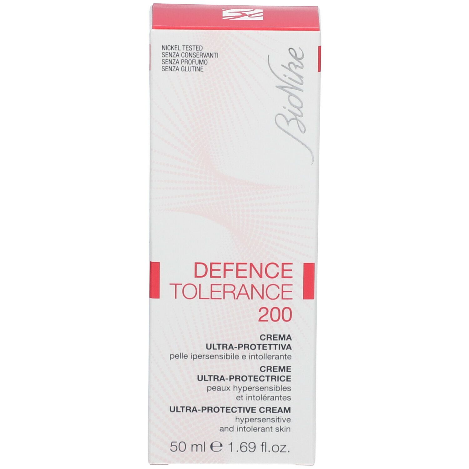 Boîte blanche avec texte rouge. Inscription: DEFENCE TOLERANCE 200, Crème Ultra-Protectrice. Marque: BioNike.