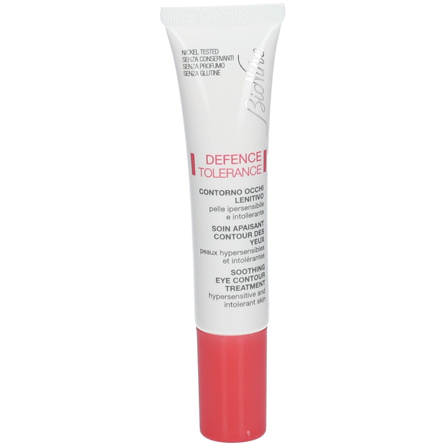 Witte tube met rode dop. Opschrift: DEFENCE TOLERANCE, Contorno Occhi, Soin Apaisant, Soothing Eye Contour Treatment.