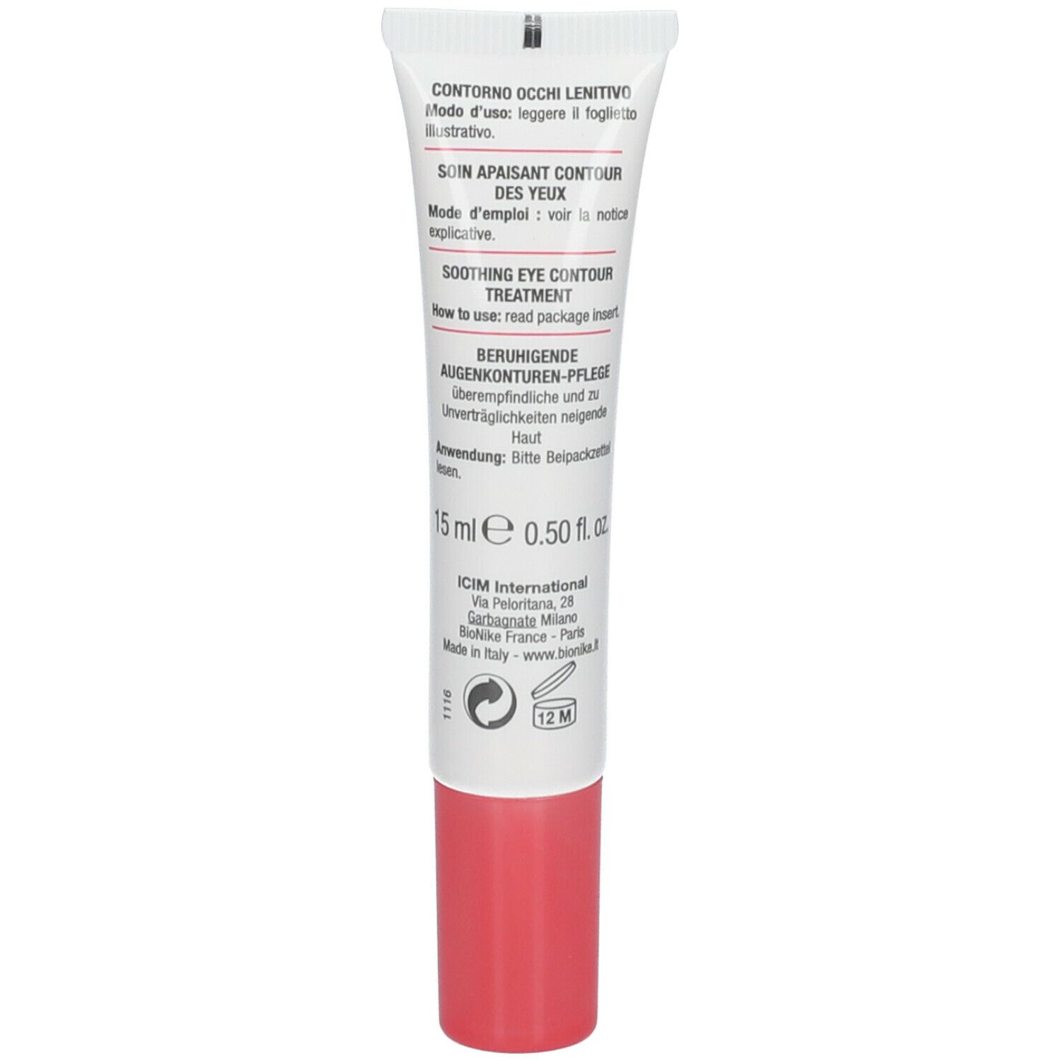 Achterkant van de tube. Tekst: Contorno Occhi Lenitivo, Soin Apaisant Contour des Yeux, Soothing Eye Contour Treatment. 15 ml.