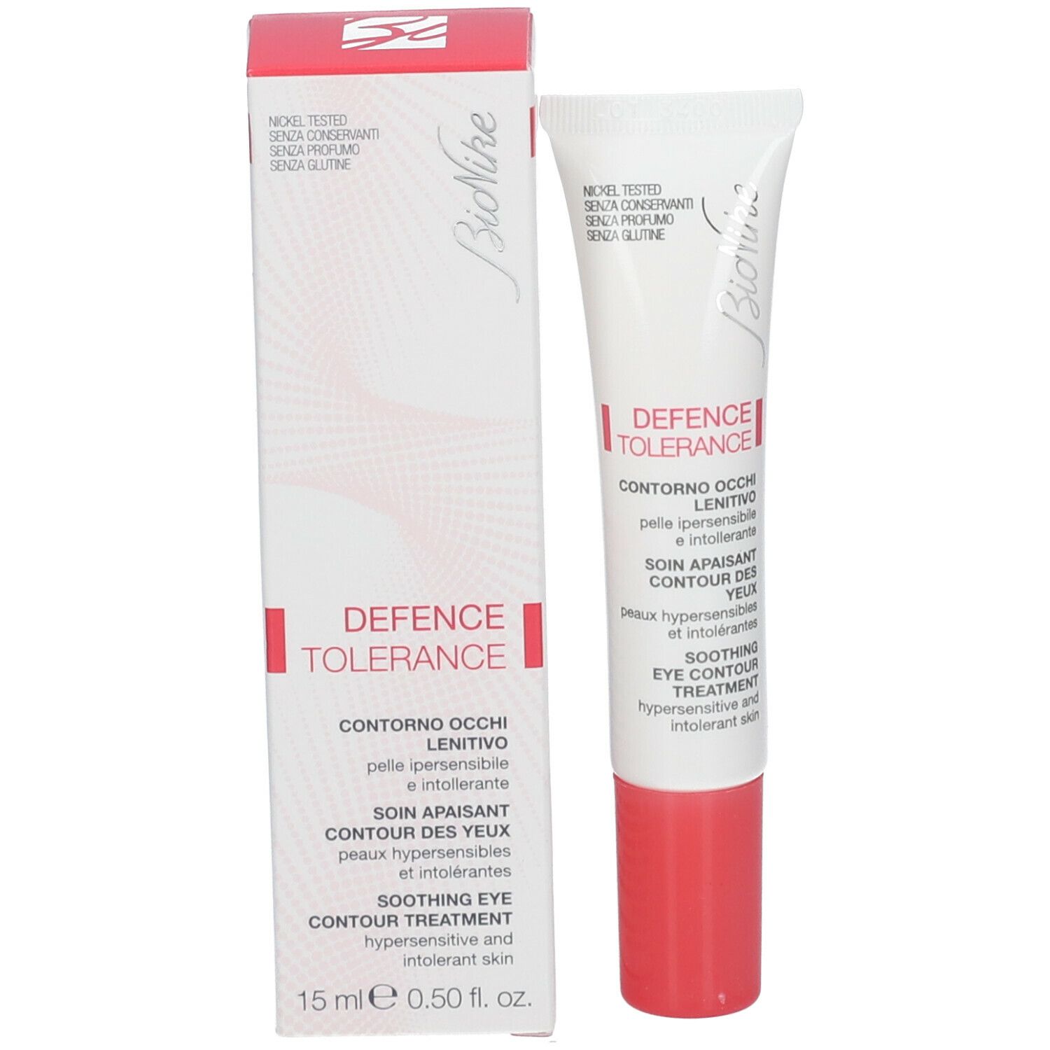 Productverpakking. Tube en doos. Opschrift: DEFENCE TOLERANCE, Contorno Occhi, Soin Apaisant, Soothing Eye Contour Treatment. 15 ml.