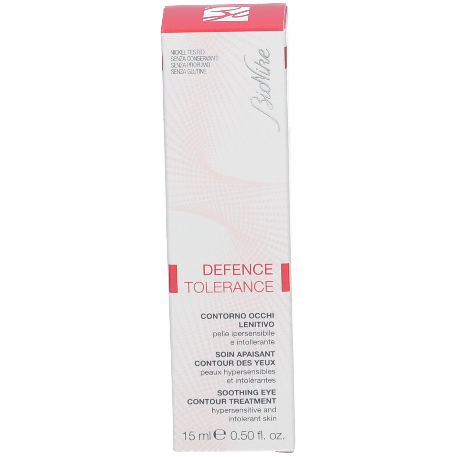 Doos met productinformatie. Opschrift: DEFENCE TOLERANCE, Contorno Occhi, Soin Apaisant, Soothing Eye Contour Treatment. 15 ml.