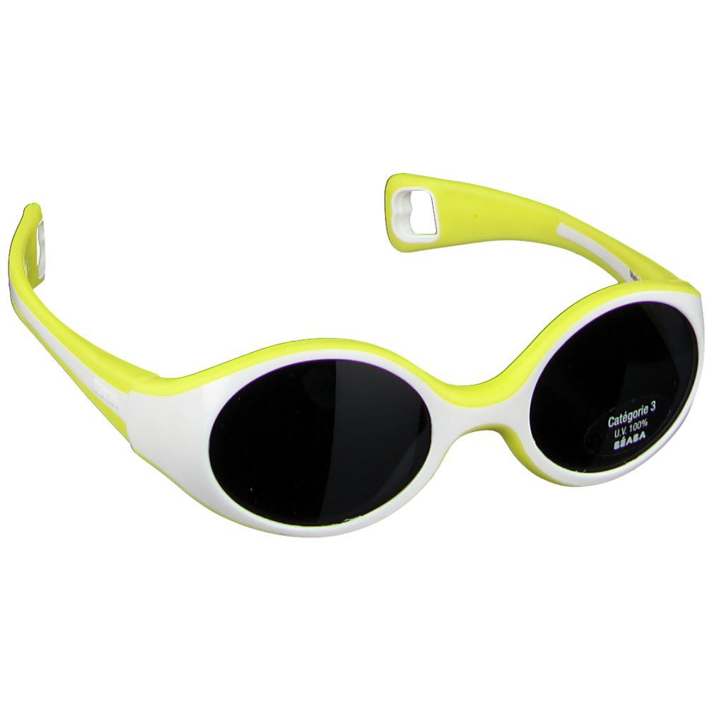 Lunettes de soleil bébé jaunes et blanches. Verres ronds, teintés noirs. Autocollant avec "Catégorie 3" et "BÈABA".