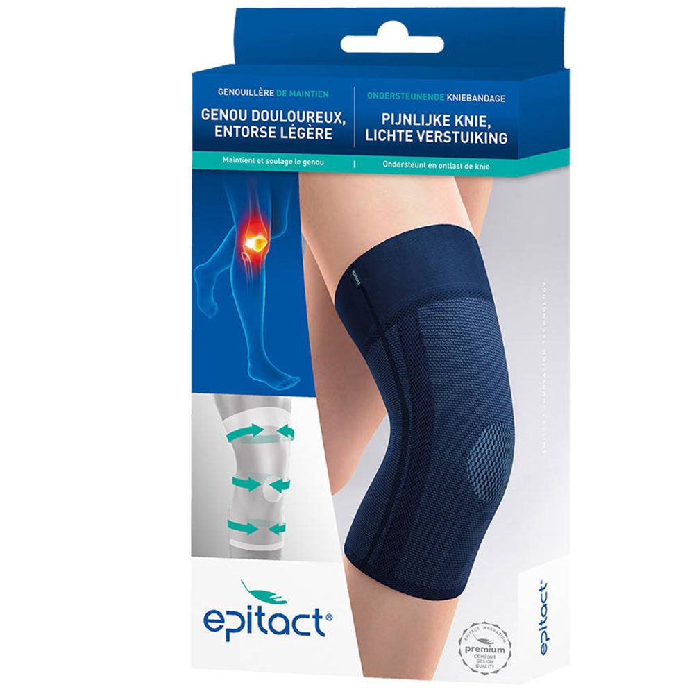 Genouillère Epitact taille 4, emballée. Bandage bleu sur jambe, illustration du genou. Texte: Epitact, Genou douloureux, entorse légère.