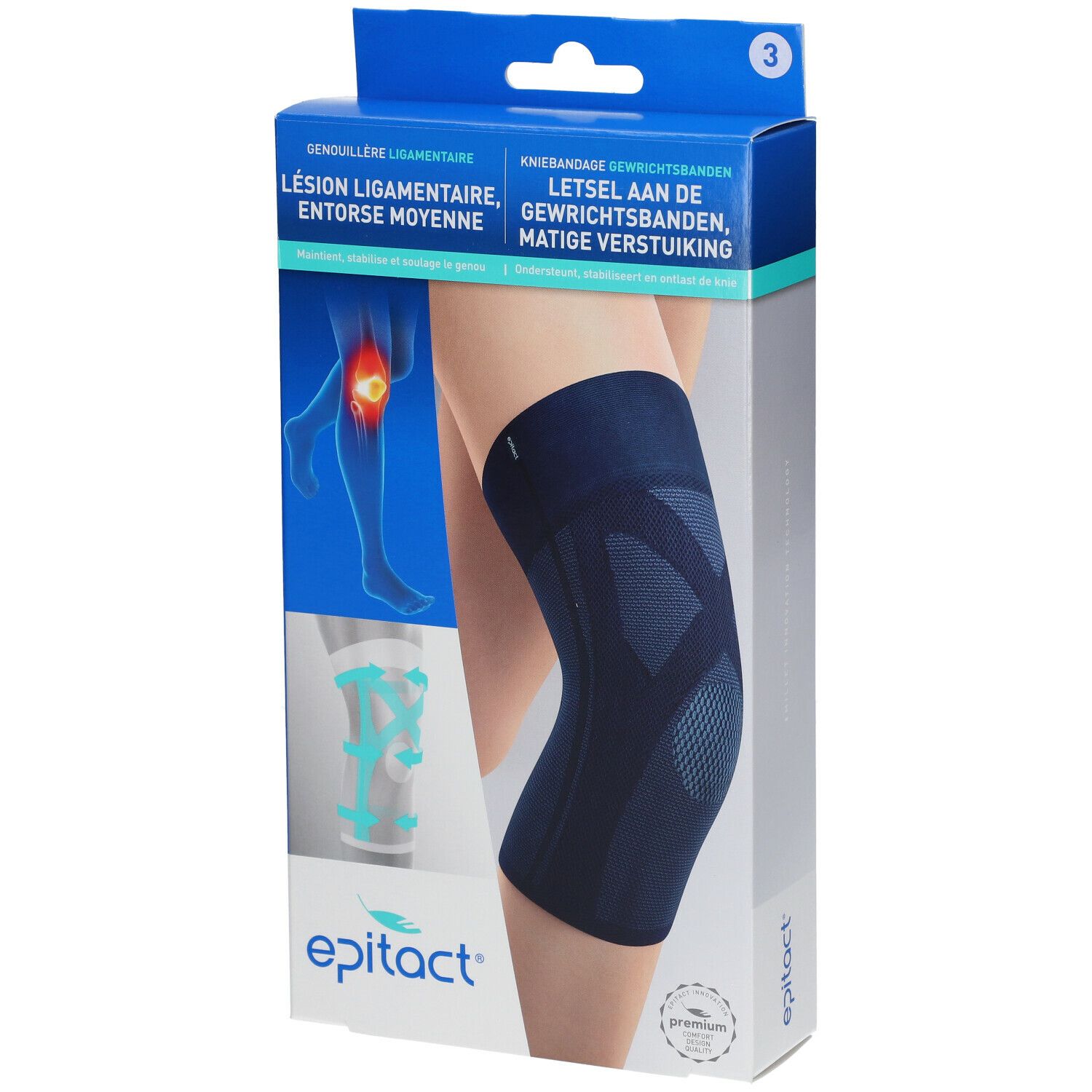 Genouillère dans son emballage. Bandage bleu, taille 3. Logo Epitact. Texte: Lésion ligamentaire, entorse moyenne.