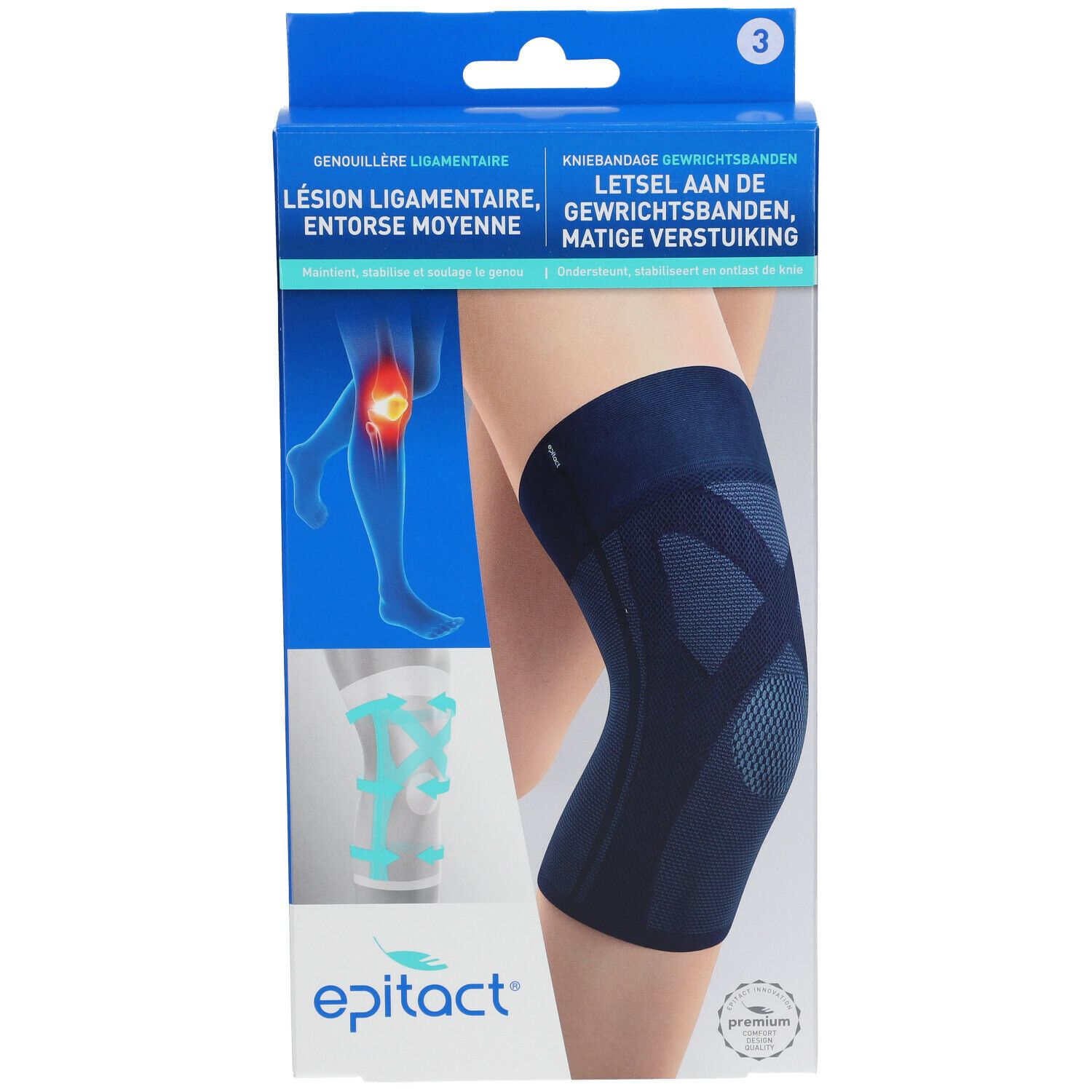 Genouillère dans son emballage. Bandage bleu, taille 3. Logo Epitact. Texte: Lésion ligamentaire, entorse moyenne.