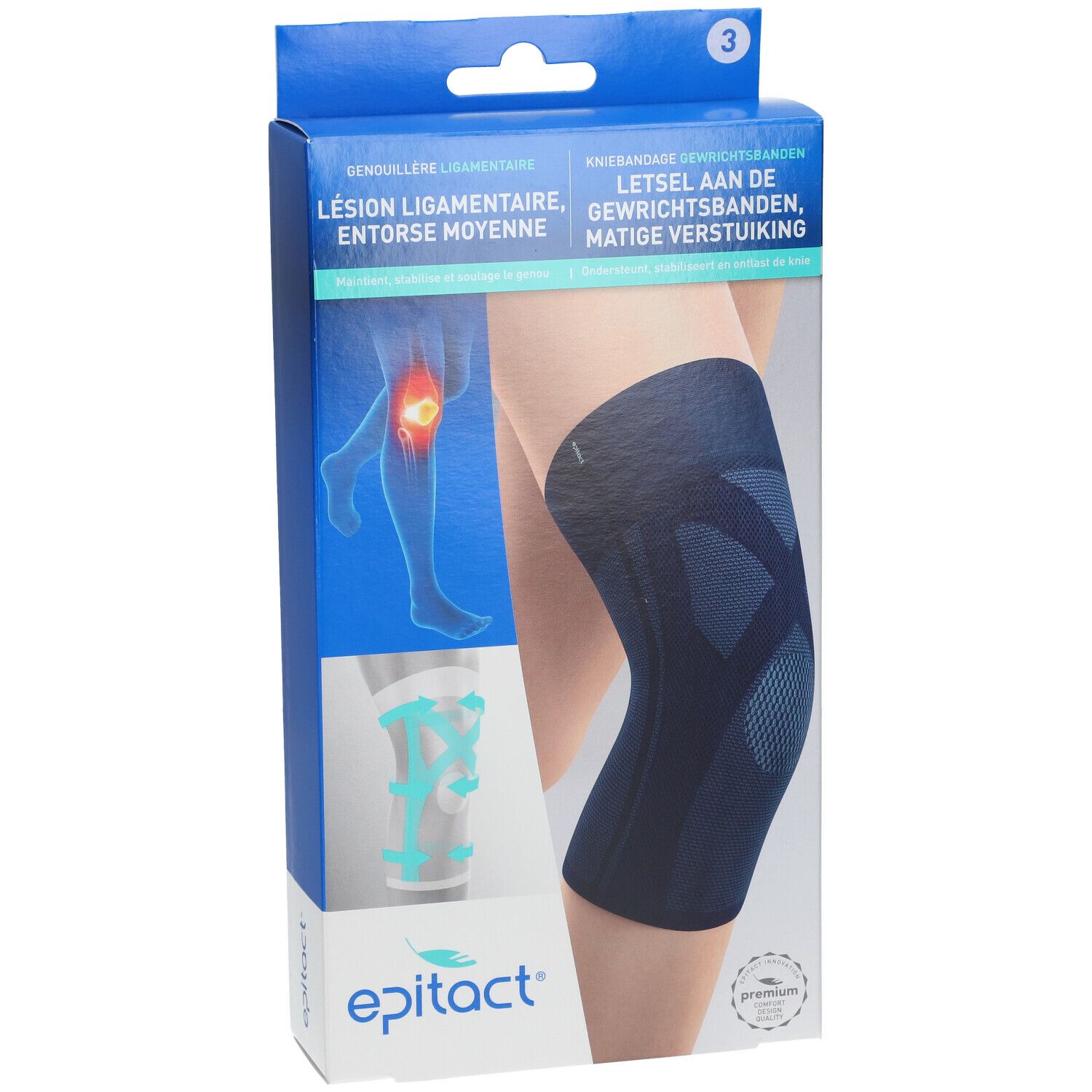 Genouillère dans son emballage. Bandage bleu, taille 3. Logo Epitact. Texte: Lésion ligamentaire, entorse moyenne.