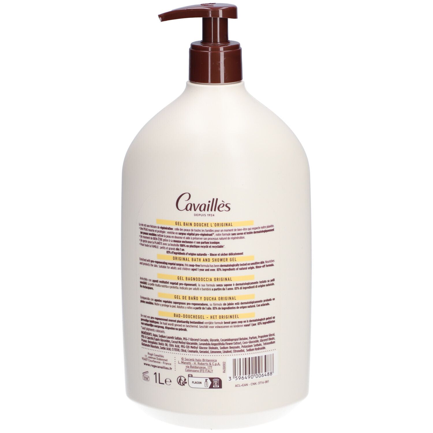 Beige Flasche mit braunem Pumpkopf. Rückseite mit Text. Produktinformationen. 1L. Ohne Seife.