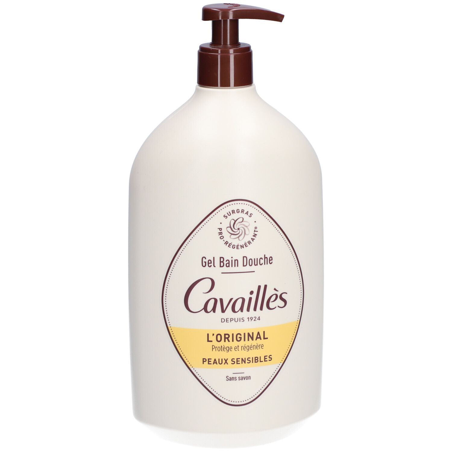 Beige Flasche mit braunem Pumpkopf. Aufkleber mit Schriftzug: Cavaillès, L'ORIGINAL, Peaux sensibles. Ohne Seife.