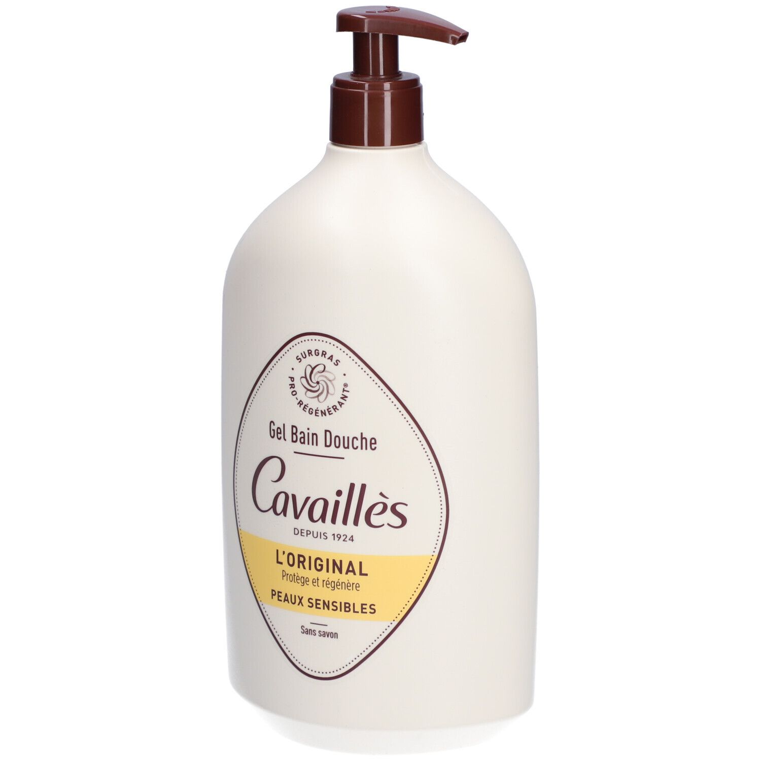 Beige Flasche mit braunem Pumpkopf. Aufkleber mit Schriftzug: Cavaillès, L'ORIGINAL, Peaux sensibles. Ohne Seife.