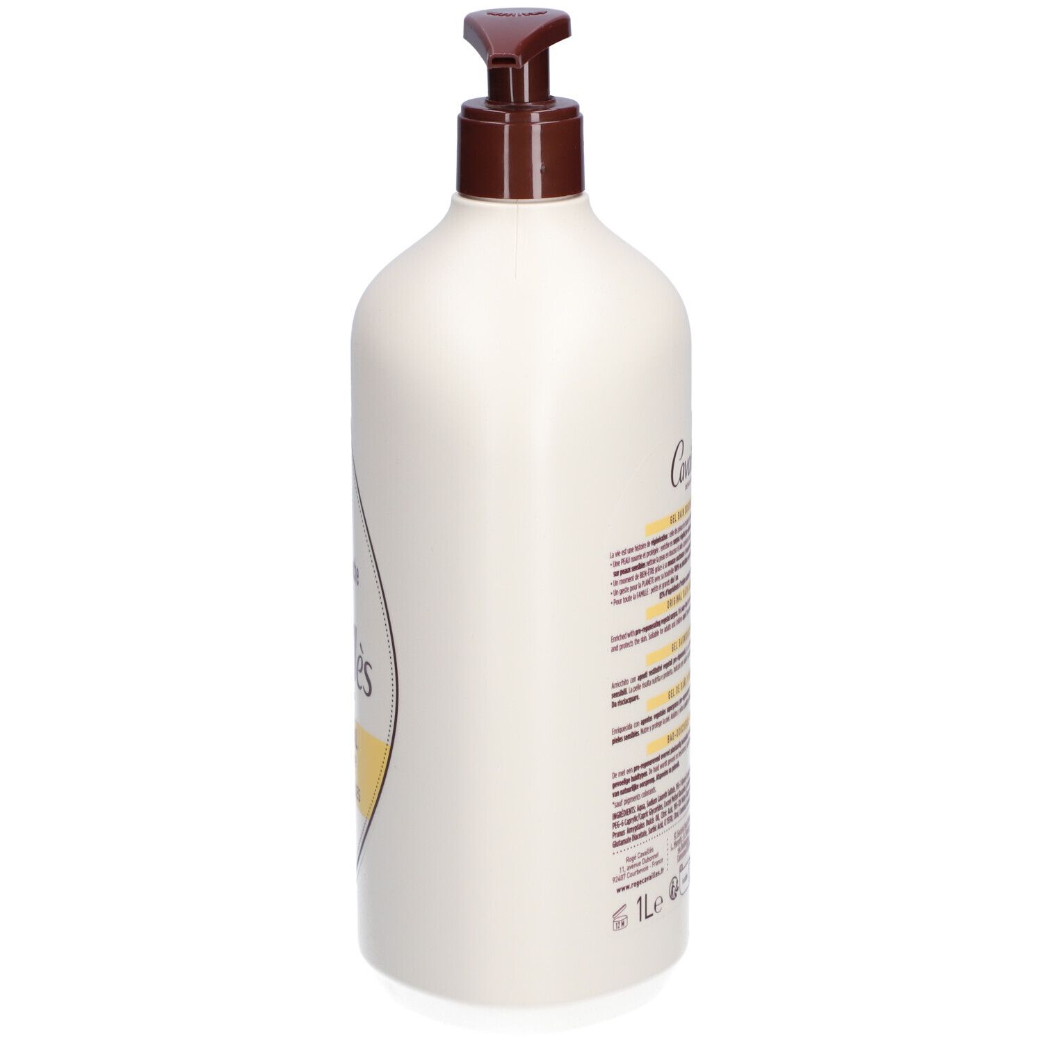 Beige Flasche mit braunem Pumpkopf. Auf der Seite Text. Produktinformationen. 1L. Ohne Seife.