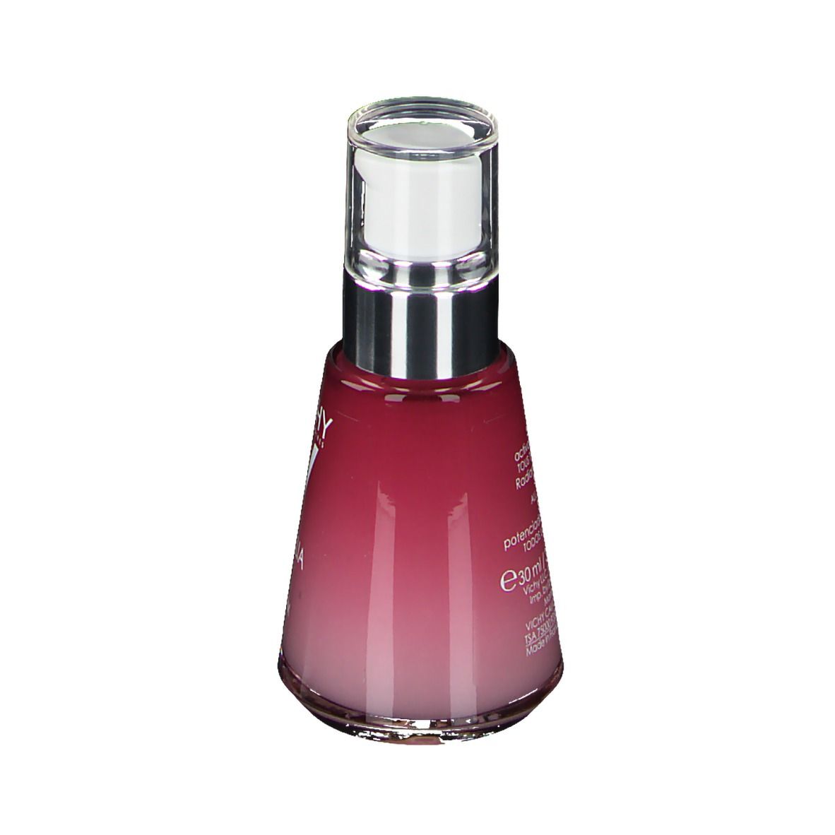 Flacon de sérum dégradé rose et transparent. Tête de pompe argentée. Inscription: e 30 ml.