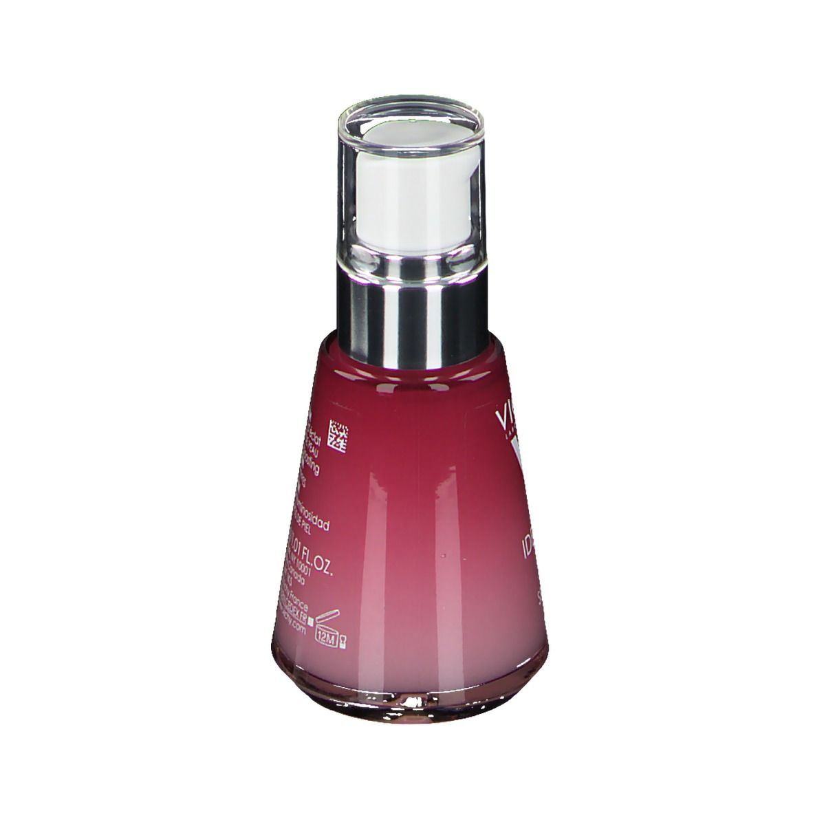 Flacon de sérum avec texte. Dégradé rose et transparent. Tête de pompe argentée. Inscription: Sérum, 30 ml.