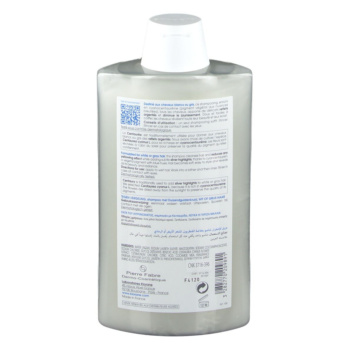 Dos du flacon de shampooing Klorane. Texte sur l'étiquette, y compris les ingrédients et les informations du fabricant. Code-barres.