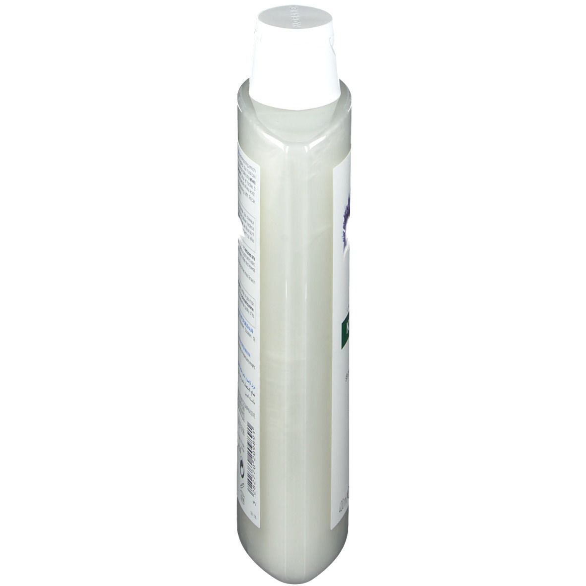 Flacon de shampooing Klorane, vue latérale. Récipient en plastique blanc avec bouchon blanc. Étiquette avec texte et code-barres.