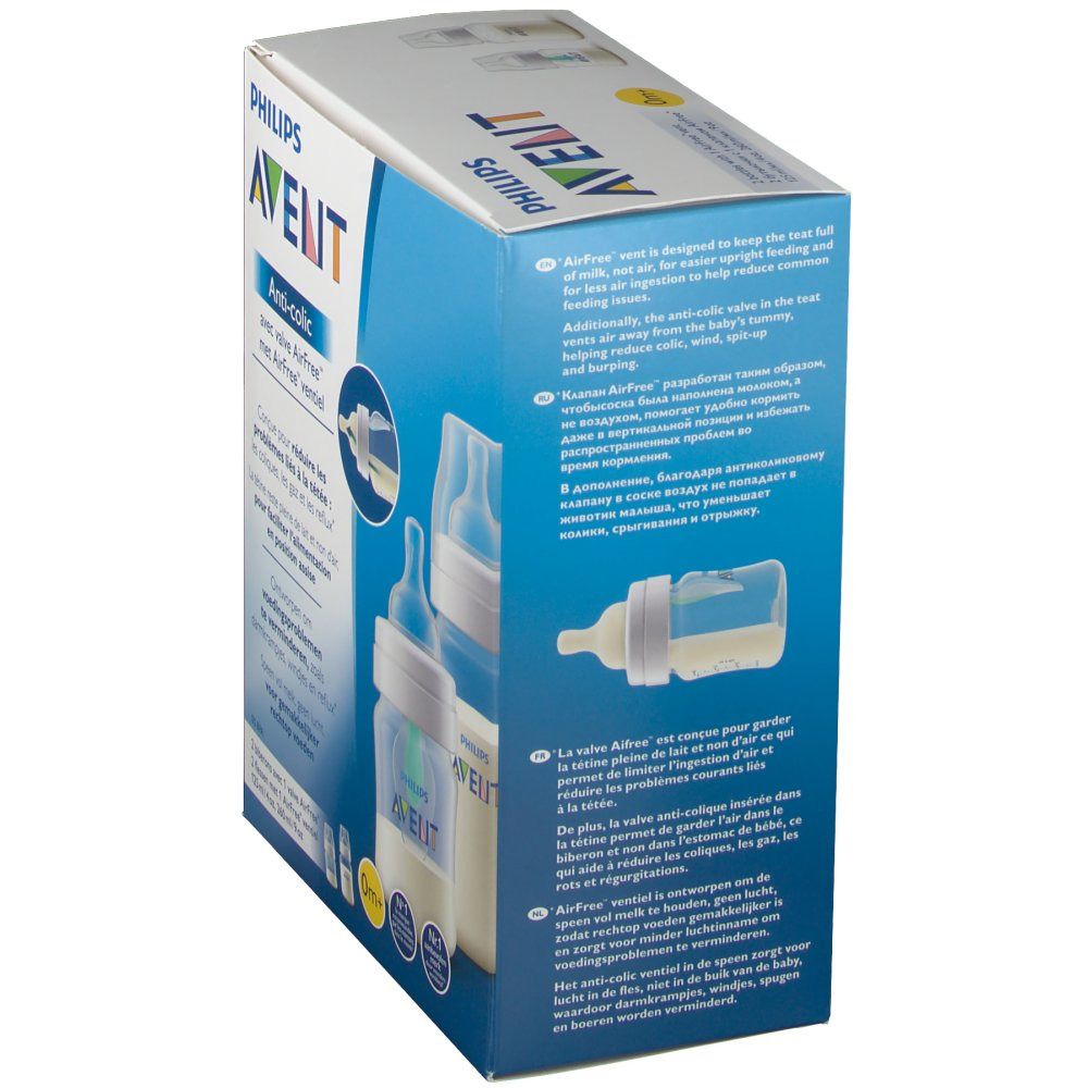 Vue latérale de la boîte de biberons Philips AVENT Anti-colique. Texte et illustrations montrent les biberons et la valve AirFree.