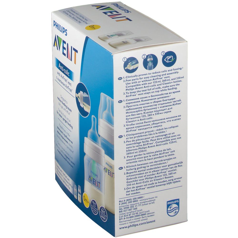 Vue latérale de la boîte de biberons Philips AVENT Anti-colique. Texte et illustrations montrent les biberons et la valve AirFree.