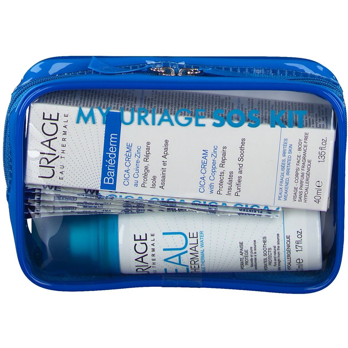 Trousse de toilette bleue transparente contenant des produits. Comprend Uriage SOS-Kit, Cica-Crème, Cica-Cream et Eau Thermale.