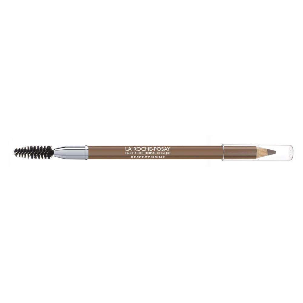 Crayon à sourcils avec brosse. Mine marron clair, corps argenté.