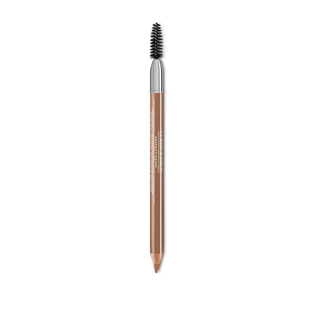 Crayon à sourcils avec brosse. Mine marron clair, corps argenté.