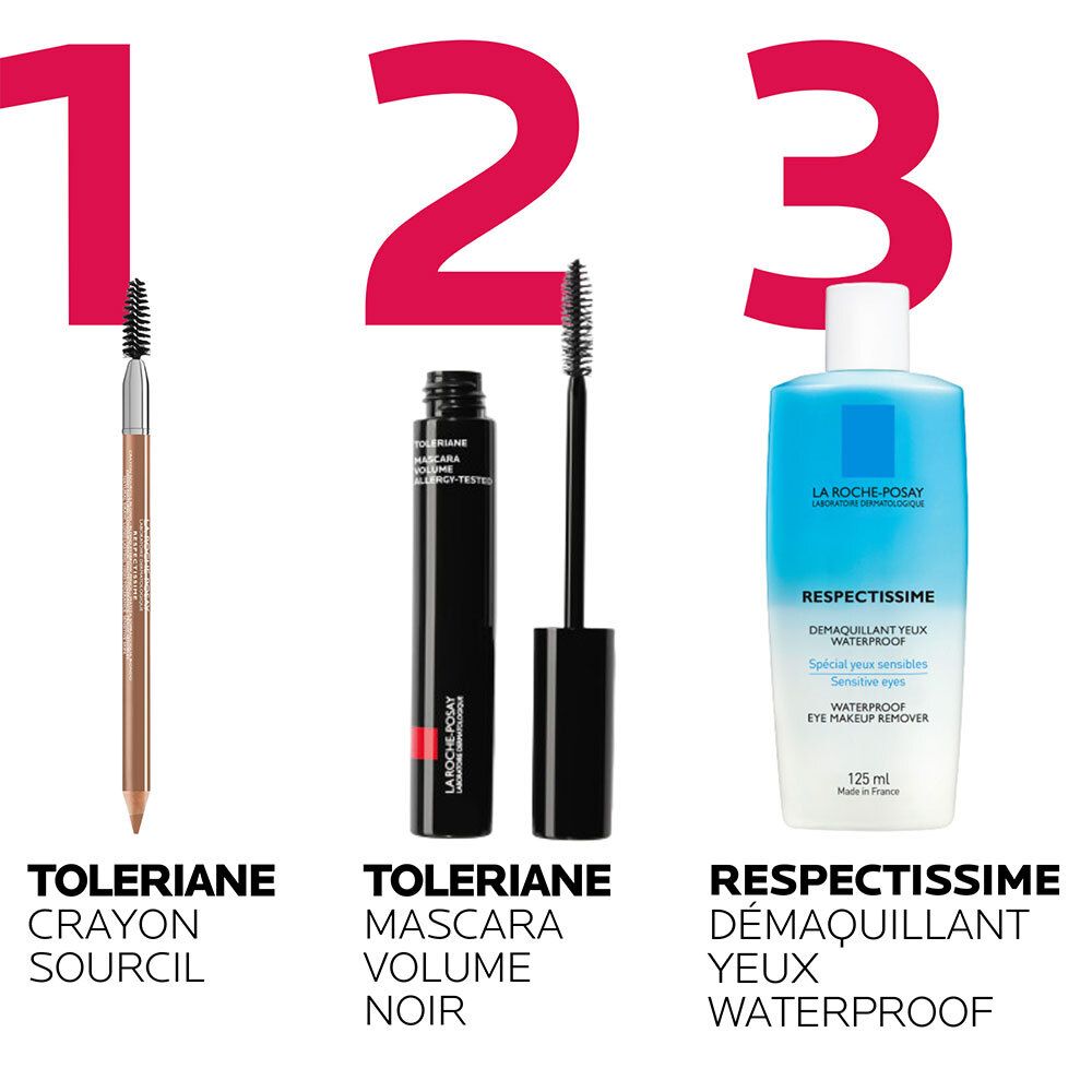Trois produits : crayon à sourcils, mascara, démaquillant yeux. Tous avec les noms Toleriane et Respectissime.