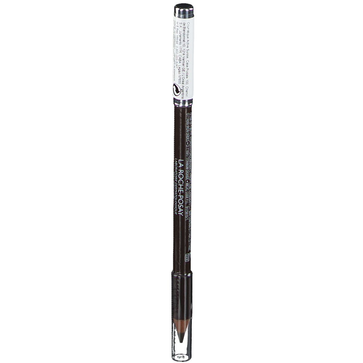 Crayon à sourcils avec capuchon. Mine marron foncé, corps argenté, texte sur le crayon. Marque visible.
