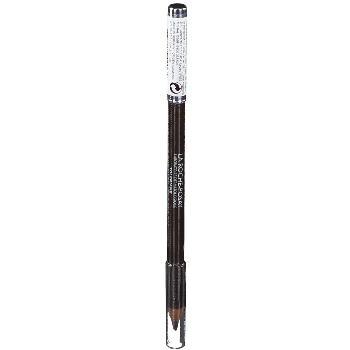 Crayon à sourcils avec capuchon. Mine marron foncé, corps argenté, texte sur le crayon. Marque visible.