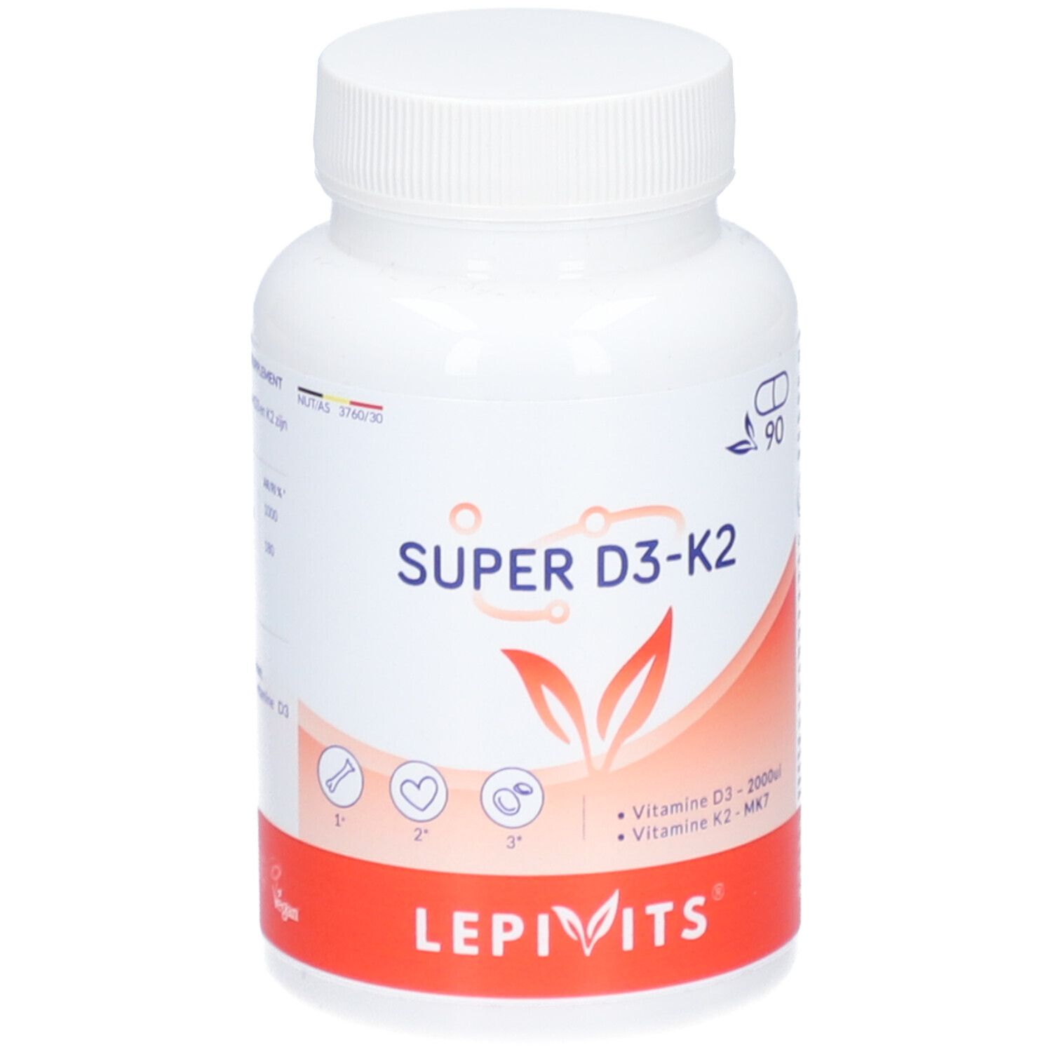 Witte fles met "SUPER D3-K2" en "LEPIVITS". Bevat 90 capsules. Oranje strook onderaan.