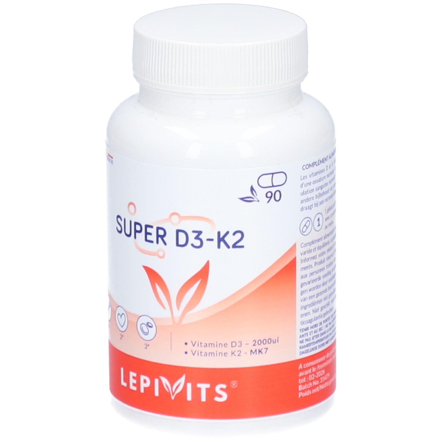 Witte fles met "SUPER D3-K2" en "LEPIVITS". Bevat 90 capsules. Oranje strook onderaan.