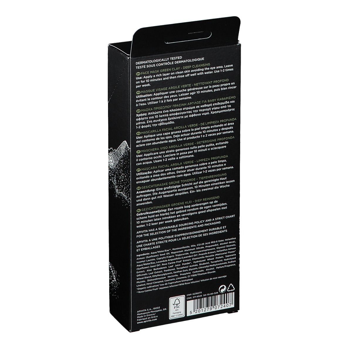 Schwarze Produktverpackung mit Produktinformationen.