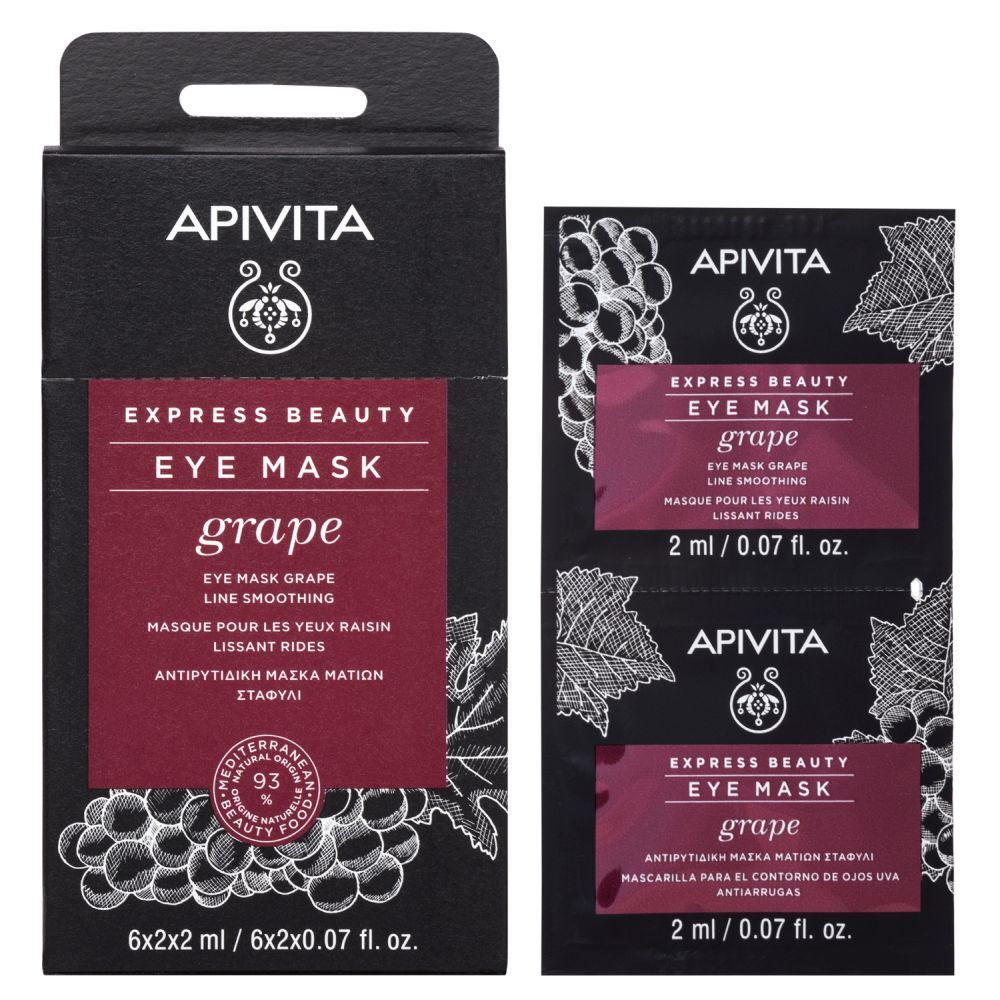 Emballage de six sachets de masque pour les yeux. Marque : APIVITA. Produit : EXPRESS BEAUTY Eye Mask Grape. Texte : 6x2 ml / 6x0.07 fl. oz.
