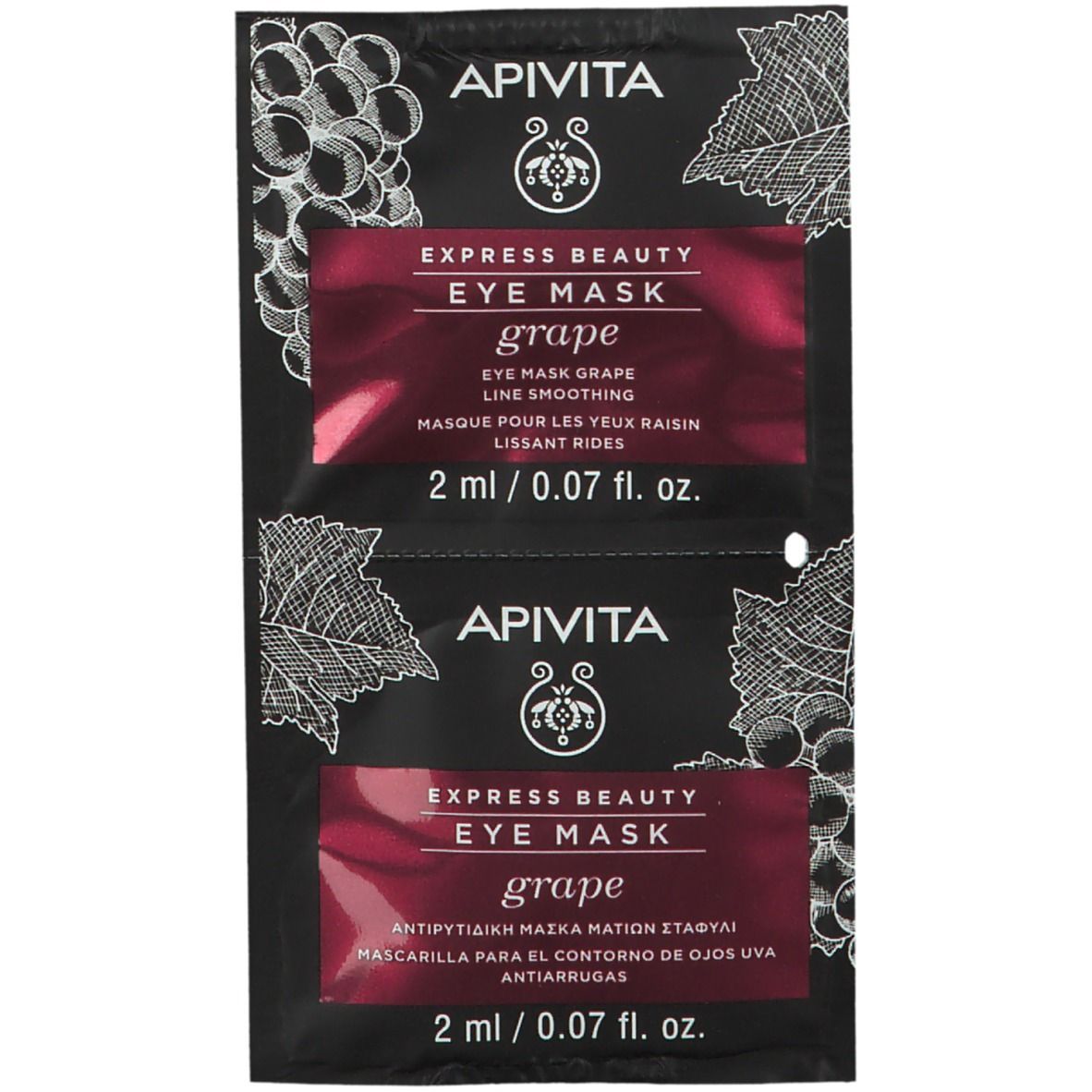 Deux sachets de masque pour les yeux. Marque : APIVITA. Produit : EXPRESS BEAUTY Eye Mask Grape. Texte : 2 ml / 0.07 fl. oz.
