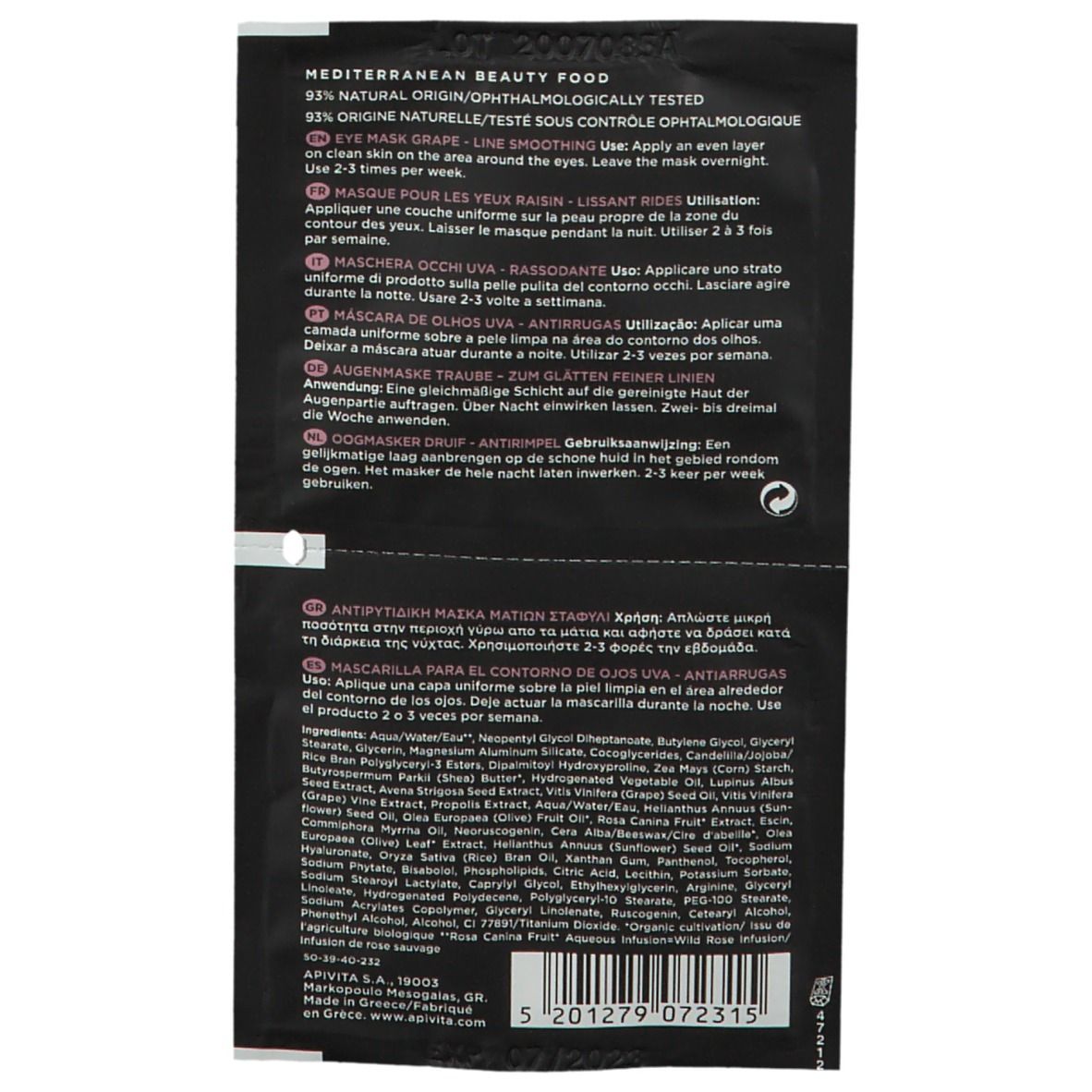 Dos des sachets de masque pour les yeux. Texte multilingue. Ingrédients et instructions d'utilisation. Marque : APIVITA.