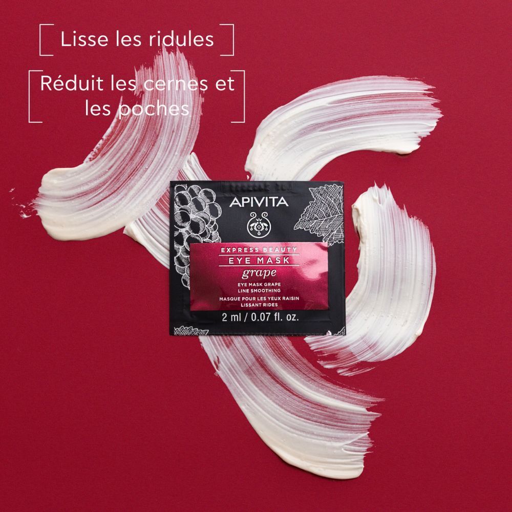 Sachet de masque pour les yeux et stries de crème sur fond rouge. Texte : Lisse les ridules, Réduit les cernes et les poches.
