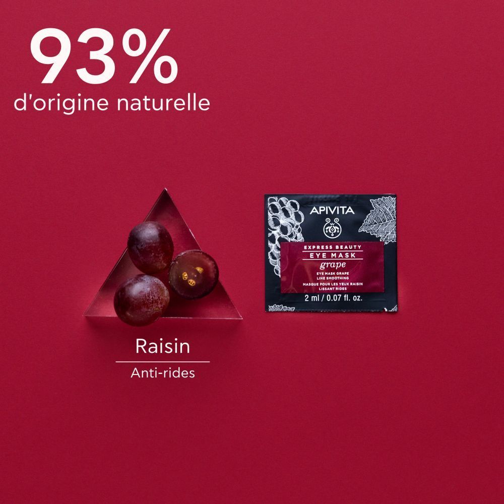 Sachet de masque pour les yeux, raisins et texte sur fond rouge. Texte : 93% d'origine naturelle, Raisin, Anti-rides.