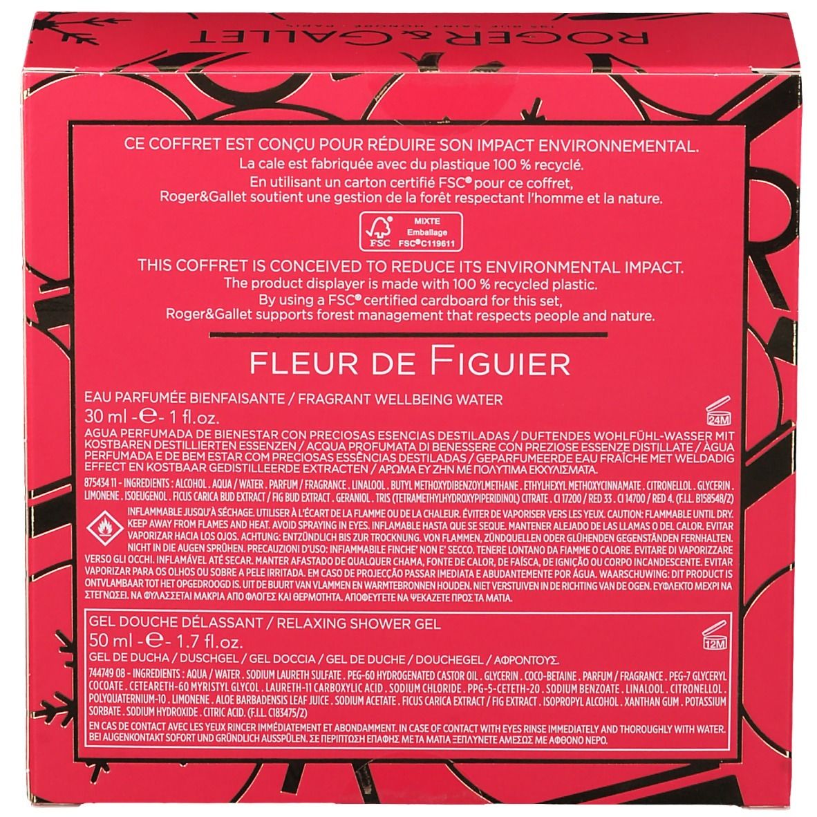 Dos du coffret cadeau. Texte multilingue. Certification FSC et informations sur le produit.