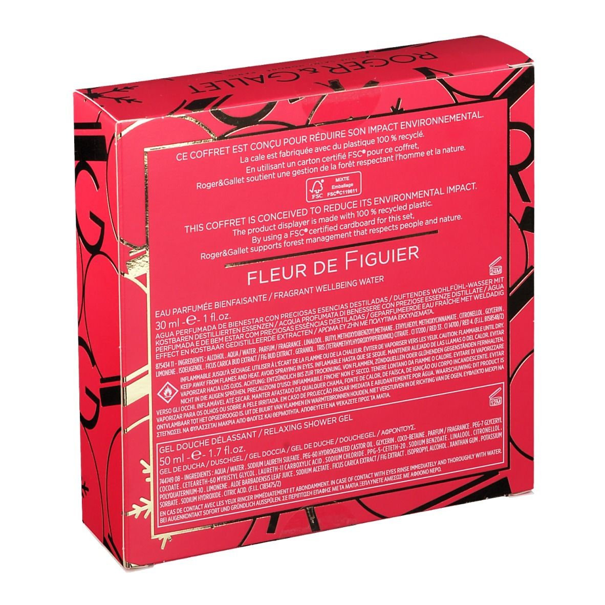 Vue latérale du coffret cadeau. Emballage rouge avec texte et logo FSC. Nom du produit: Fleur de Figuier.