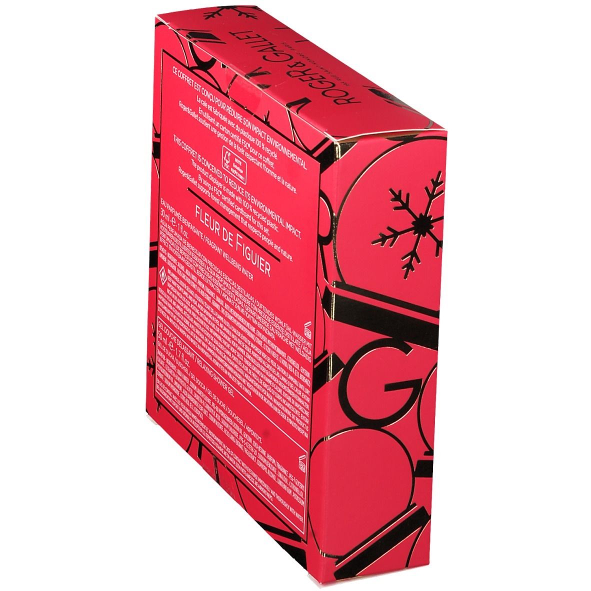 Vue latérale oblique du coffret cadeau. Emballage rouge avec texte et logo. Nom du produit: Fleur de Figuier.