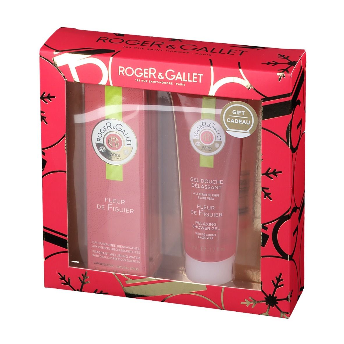 Coffret cadeau avec eau parfumée et gel douche. Emballage rouge avec fenêtre. Logo et noms de produits visibles.