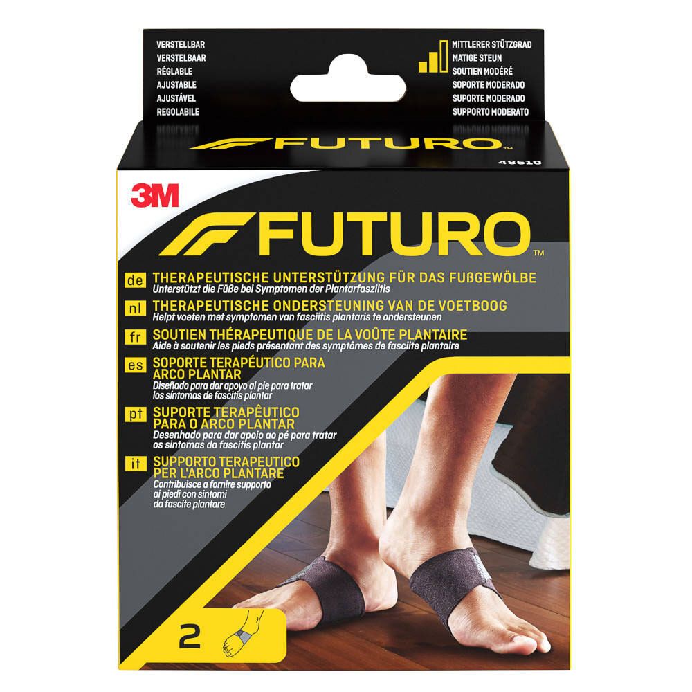Support FUTURO™ pour la voûte plantaire, soutien modéré. Boîte avec deux supports, image du produit sur l'emballage.