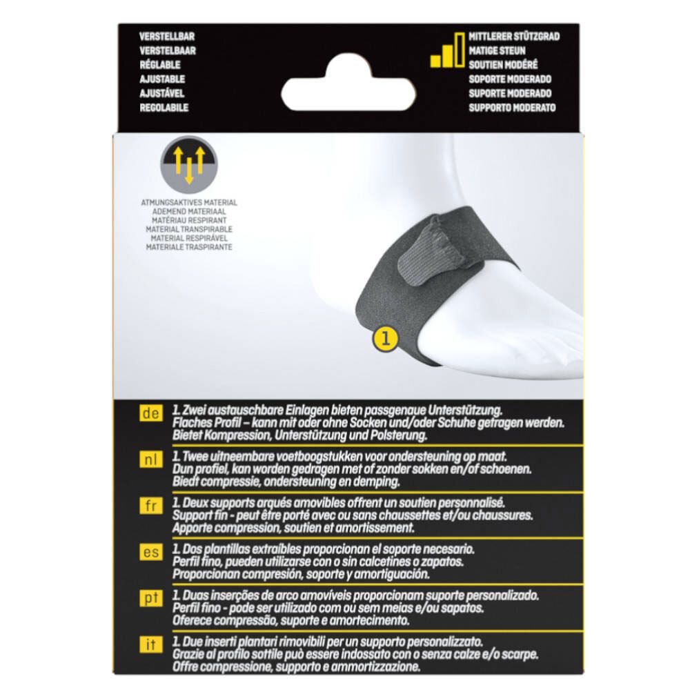 Dos de la boîte de support FUTURO™ pour la voûte plantaire. Deux inserts amovibles, description multilingue.