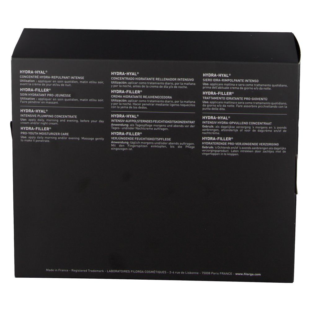 Rückseite der schwarzen Geschenkbox. Text in mehreren Sprachen. Markenname Filorga. Produktnamen: Hydra-Hyal, Hydra-Filler, Pro-Youth Moisturizer Care.