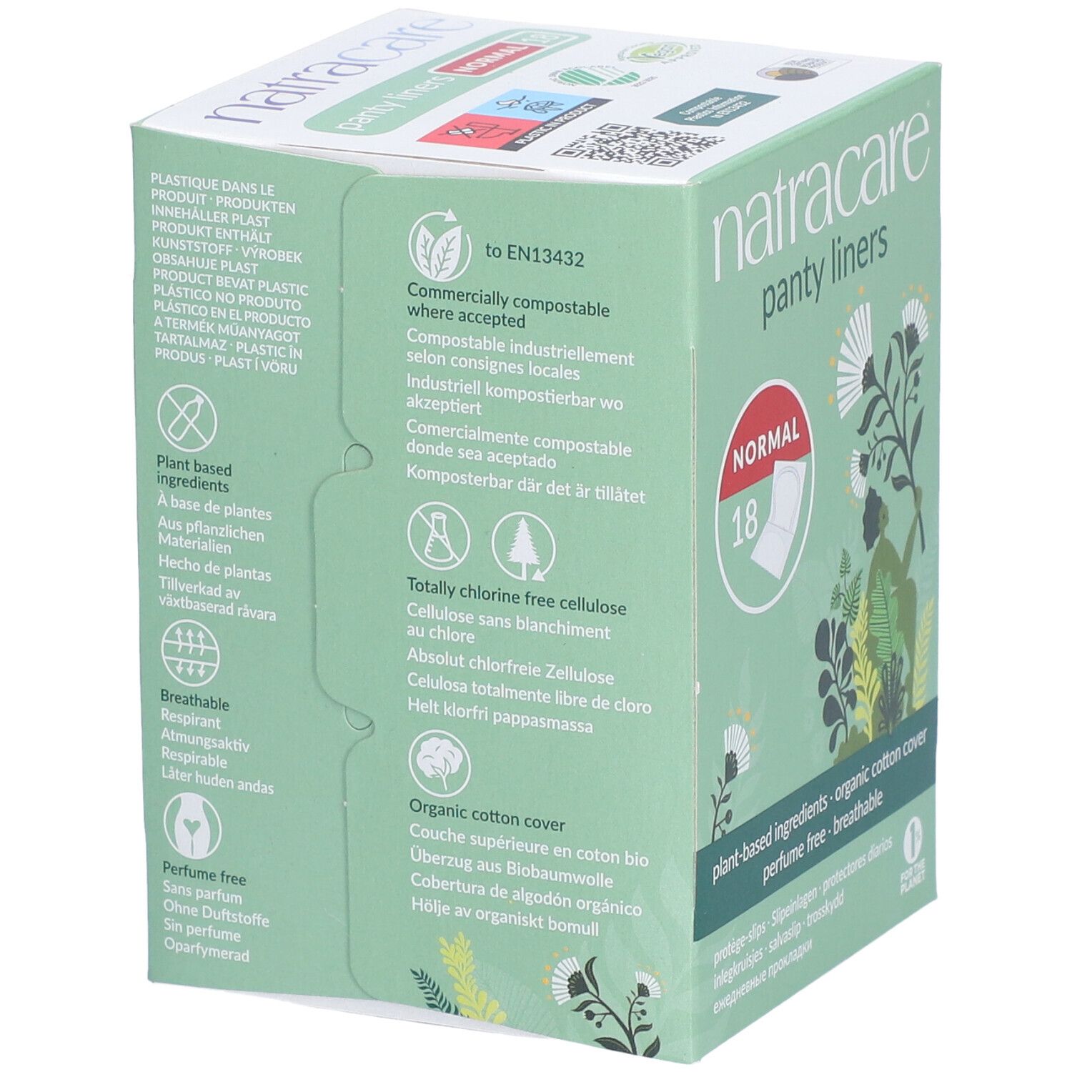 Seite der Natracare Slipeinlagen Normal Verpackung. Informationen zu Inhaltsstoffen, Kompostierbarkeit und Zertifizierungen.