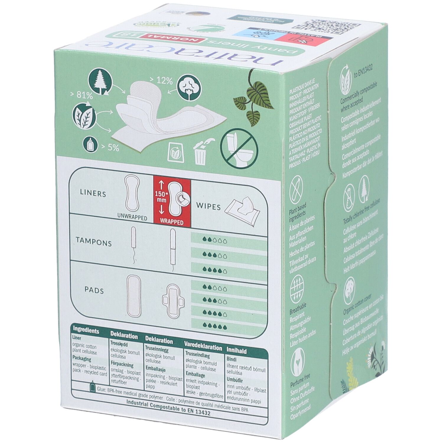 Rückseite der Natracare Slipeinlagen Normal Verpackung. Diagramme und Informationen zu den Produkten.
