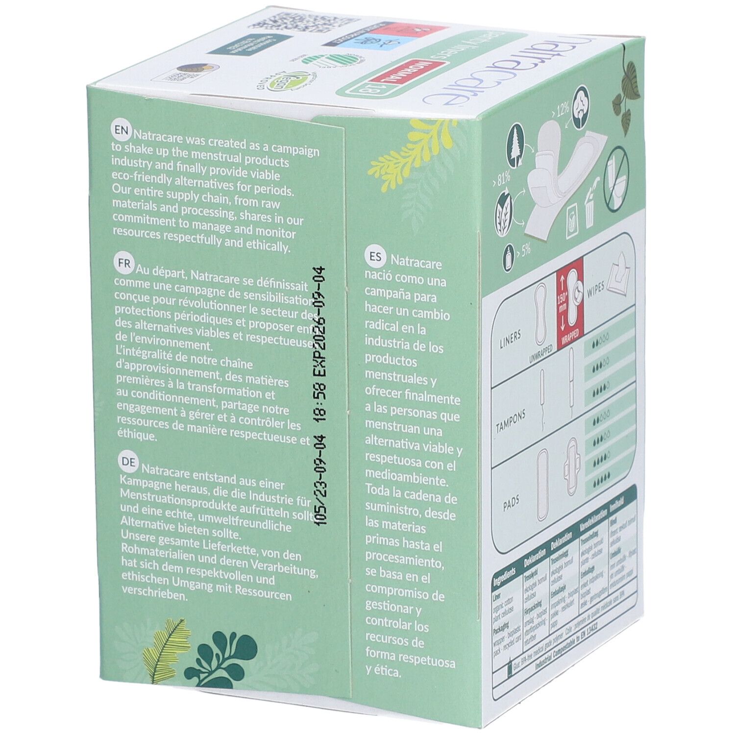 Seite der Natracare Slipeinlagen Normal Verpackung. Text über das Unternehmen und Produktinformationen.