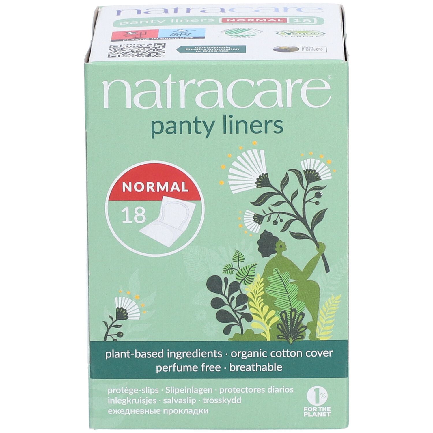 Vorderseite der Natracare Slipeinlagen Normal Verpackung. Produktname, Anzahl und Logo.