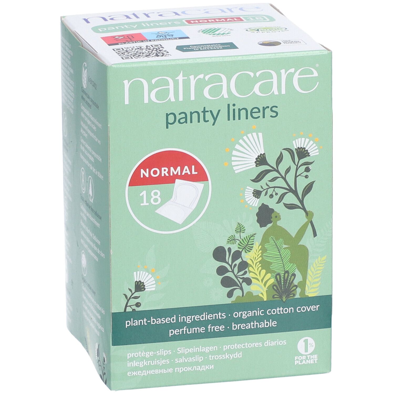 Vorderseite der Natracare Slipeinlagen Normal Verpackung. Produktname, Anzahl und Logo.