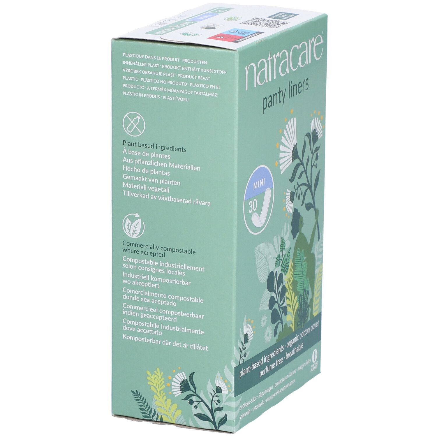 Seitenansicht der Natracare Panty Liners Mini Verpackung. Mintgrüne Schachtel mit Text und floralen Motiven.