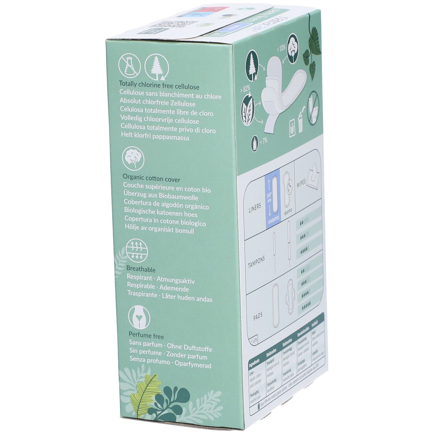 Seitenansicht der Natracare Panty Liners Mini Verpackung. Text und Diagramme auf mintgrünem Hintergrund.