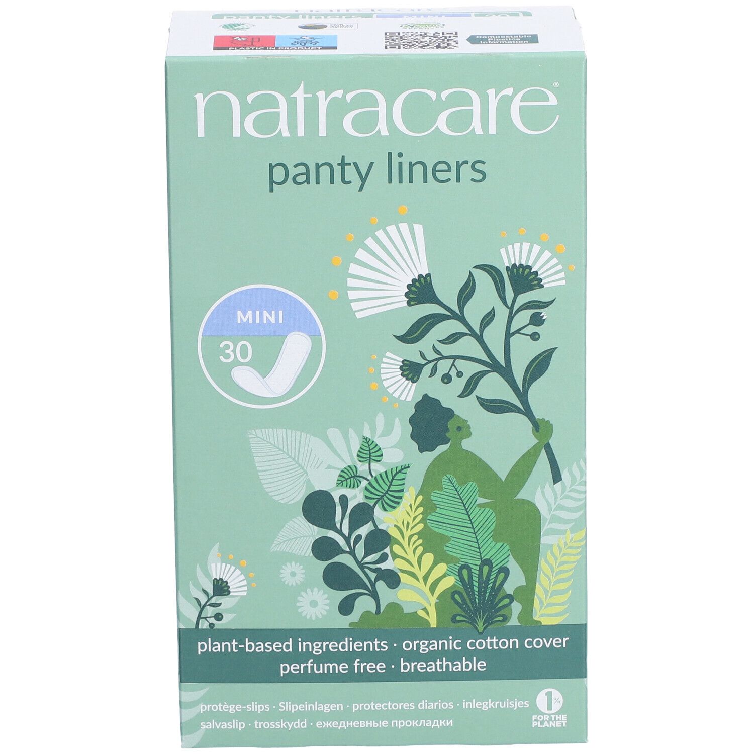Vorderansicht der Natracare Panty Liners Mini Verpackung. Mintgrüne Schachtel mit Produktnamen und floralen Motiven.